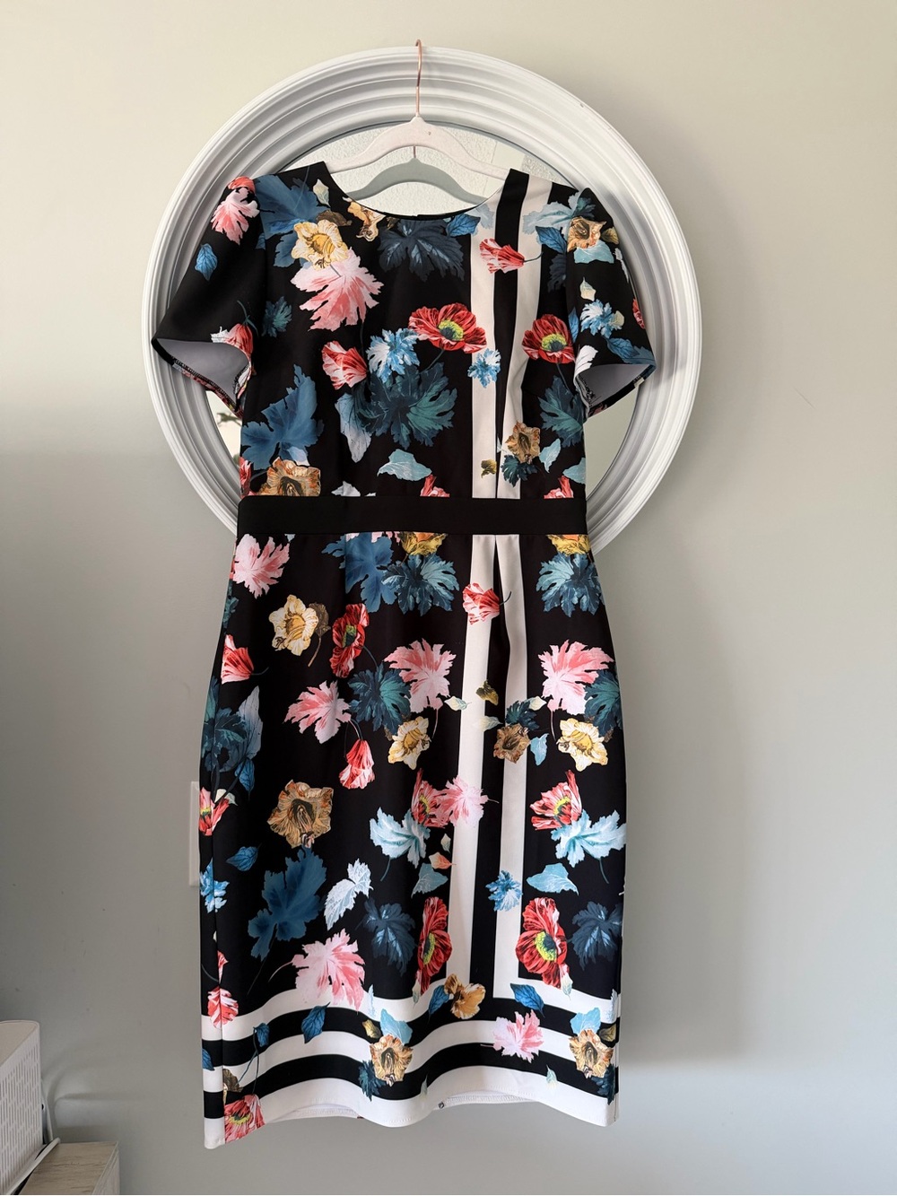 Little Mistress Black Floral Midi Dress with Stripe Detail